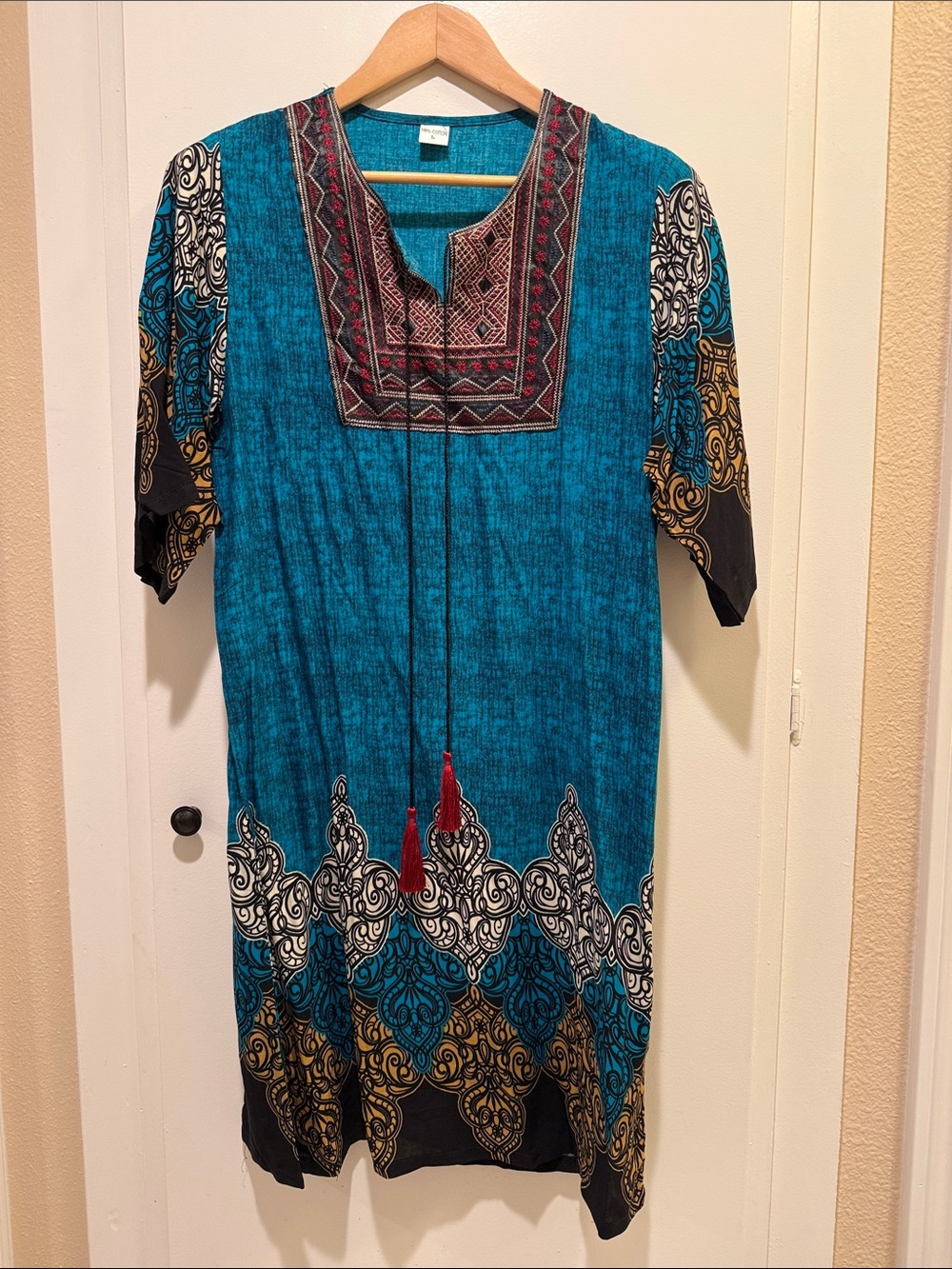 Embroidered Teal Boho Tunic with Tassel Detail